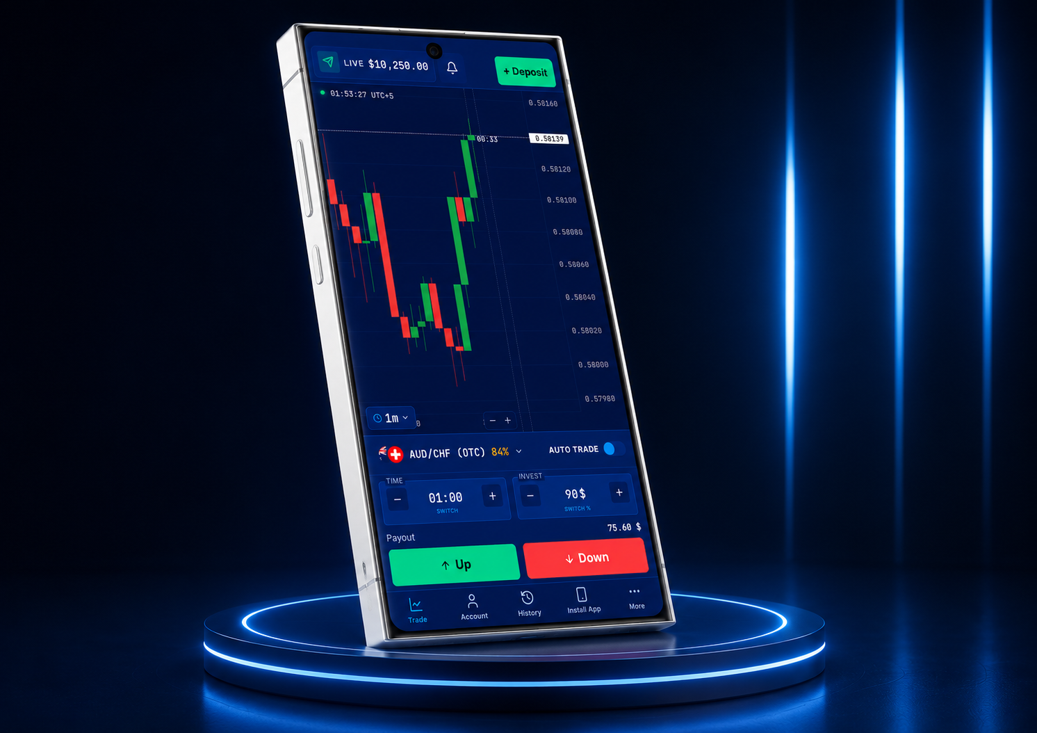Okay Broker mobile trading app shown on a phone